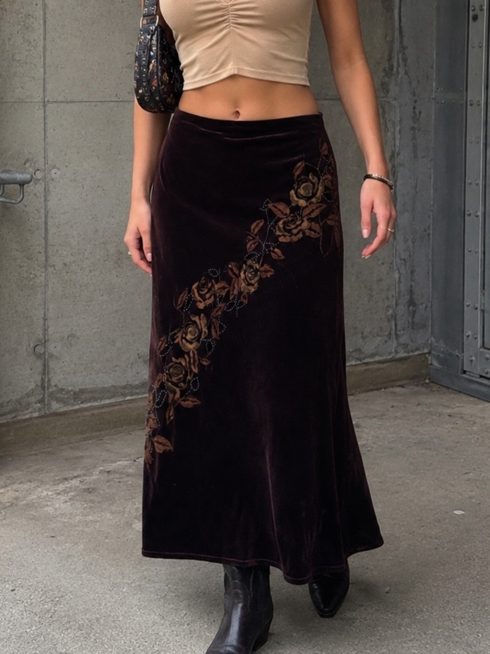 Fenn Wright & Manson Brown Velvet Floral Beaded Midi Skirt Fairy Grunge Y2K 12